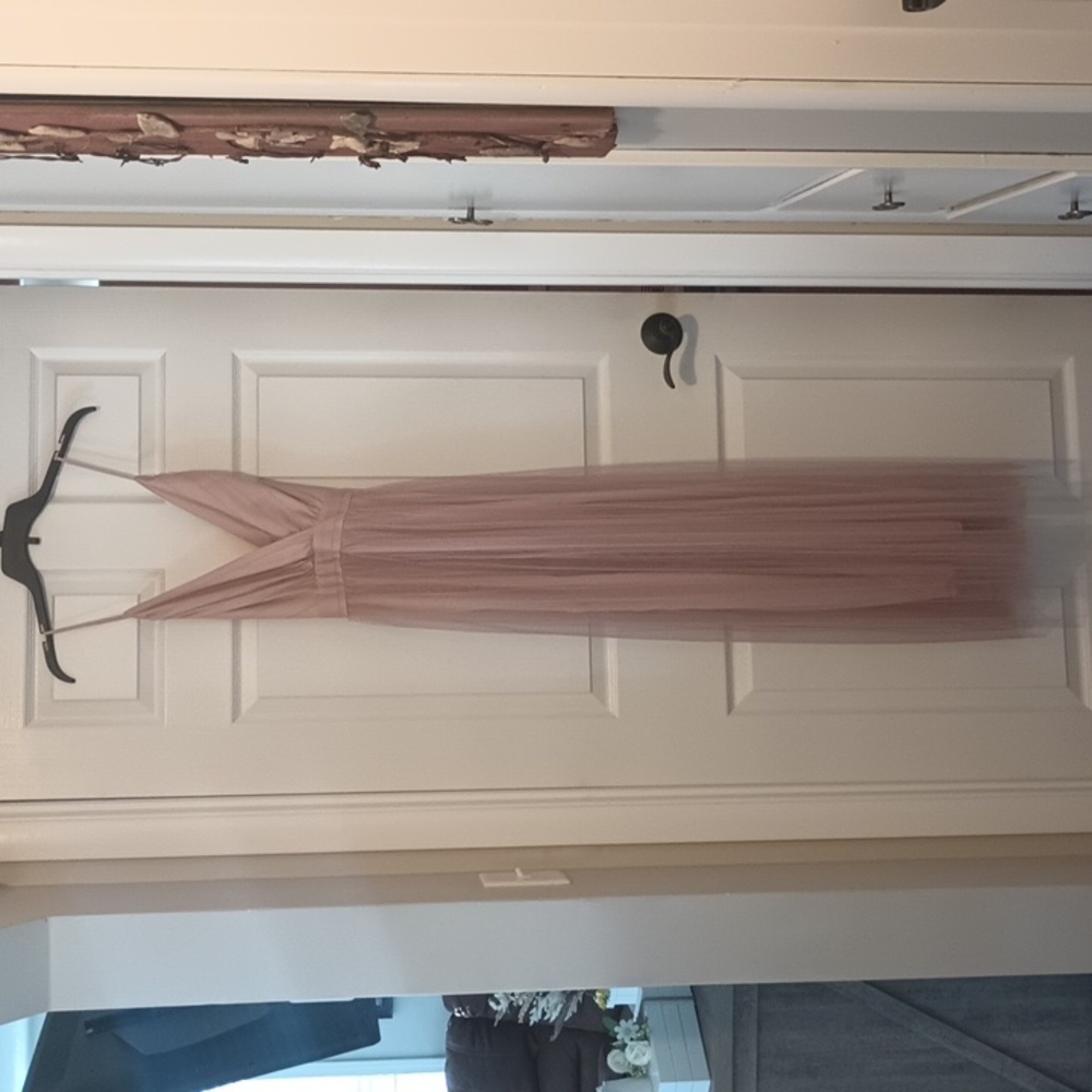 Long chiffon casual/formal champagne colored dress. Criss cross adjustable strap